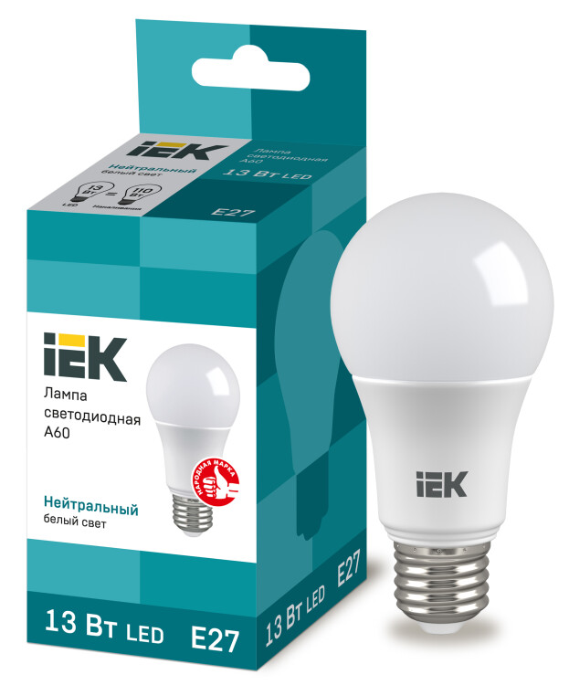 Лампа светодиодная LED 13Вт Е27 230В 4000К ECO А60 шар | LLE-A60-13-230-40-E27 | IEK