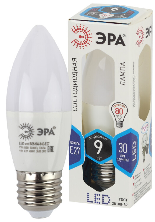 Лампа светодиодная LED 9Вт Е27 4000К smd B35-9w-840-E27 свеча | Б0027972 | ЭРА