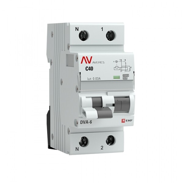 Выключатель автоматический дифференциального тока DVA-6 1п+N 40А C 30мА тип A AVERES | rcbo6-1pn-40C-30-a-av | EKF