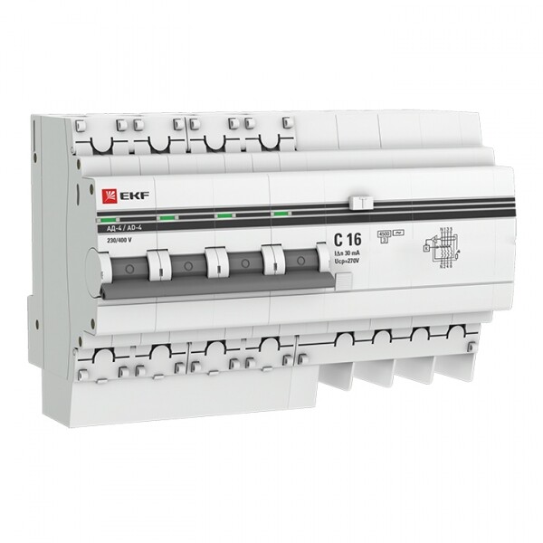 Выключатель автоматический дифференциального тока АД-4 4п 16А C 30мА тип AC (8 мод.) PROxima (электронный) | DA4-16-30-pro | EKF