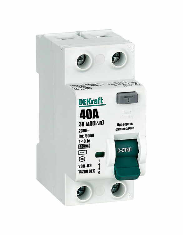 Выключатель дифференциальный (УЗО) УЗО-03 2п 40А 30мА тип AC 6кА | 14209DEK | DEKraft