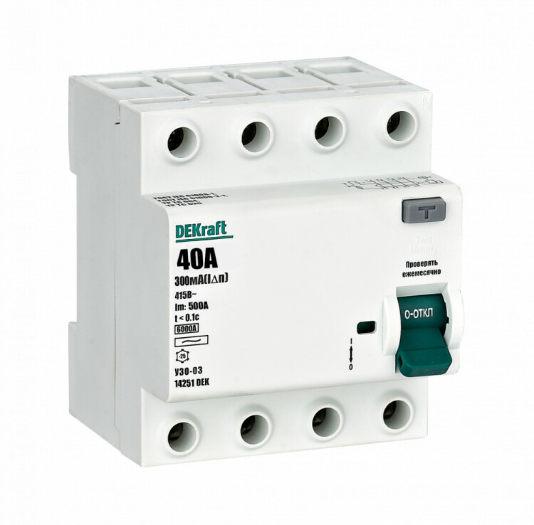 Выключатель дифференциальный (УЗО) УЗО-03 4п 40А 300мА тип AC 6кА | 14251DEK | DEKraft