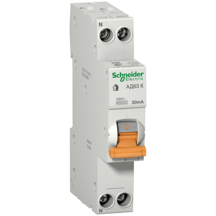Выключатель автоматический дифференциального тока АД63 К 1п+N 16А C 30мА тип AC (1 мод) | 12522 | Schneider Electric