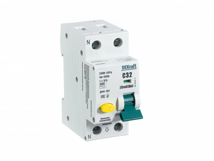 Автоматический выключатель дифференциального тока АВДТ 1Р+N 32А 30мА тип AC х-ка С ДИФ-103 6кА | 16207DEK | DEKraft