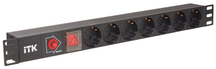 Блок розеток 19 (7шт) PDU с LED выключателем алюминевый профиль 1U ВХОД С14 без шнура | PH12-7D3 | ITK