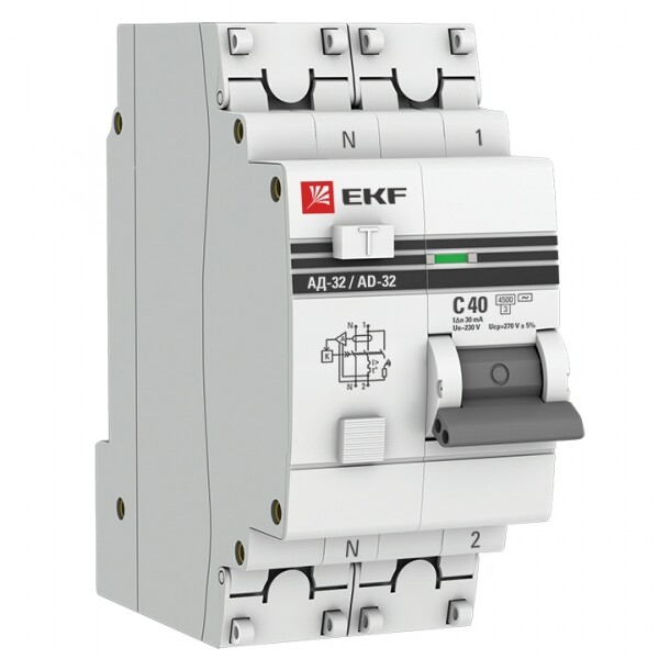 Выключатель автоматический дифференциального тока АД-32 1п+N 40А C 30мА тип AC PROxima (электронный) | DA32-40-30-pro | EKF