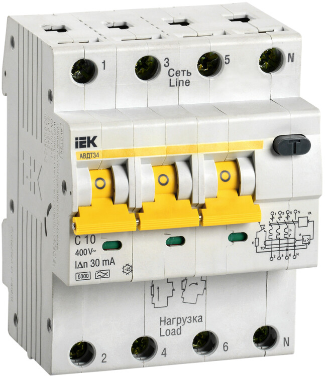 Выключатель автоматический дифференциального тока АВДТ 34 3п+N 10А C 30мА тип A | MAD22-6-010-C-30 | IEK