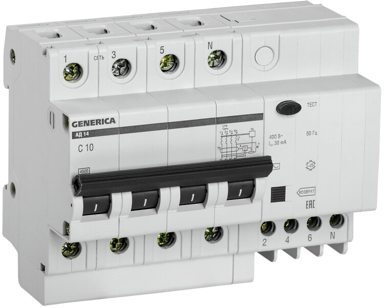 Выключатель автоматический дифференциального тока АД14 4п 10А C 10А тип AC (6,5 мод) | MAD15-4-010-C-030 | GENERICA