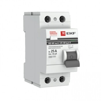 Выключатель дифференциальный (УЗО) ВД-100 2P 25А/30мА (тип А, электромехническое) PROxima | elcb-2-25-30-em-a-pro | EKF