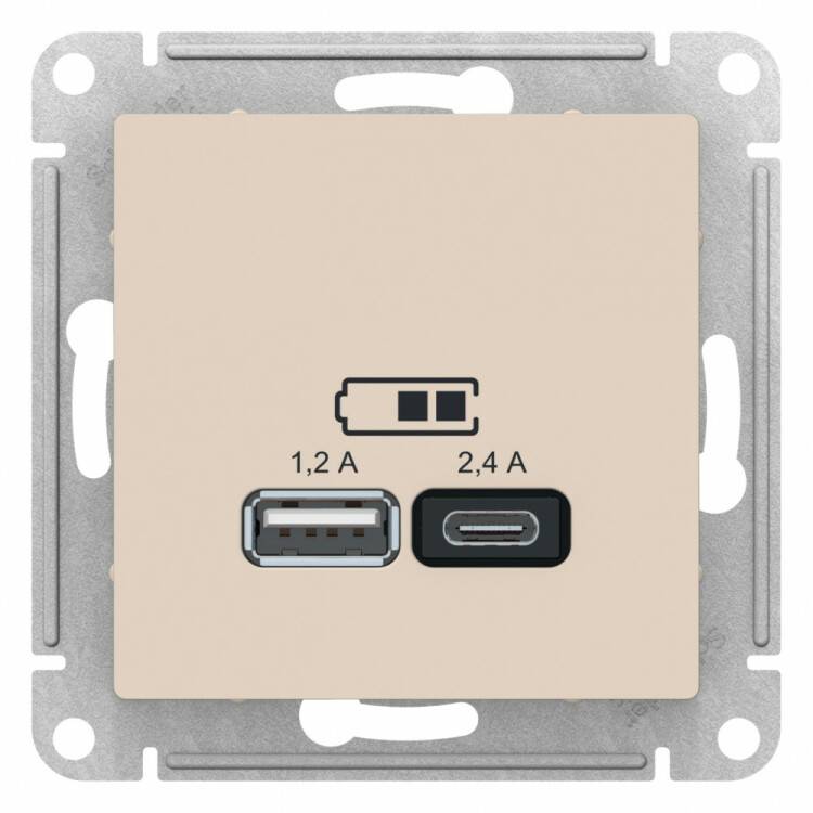 AtlasDesign Бежевый USB Розетка A+С, 5В/2,4А, 2х5В/1,2А, механизм | ATN000239 | SE