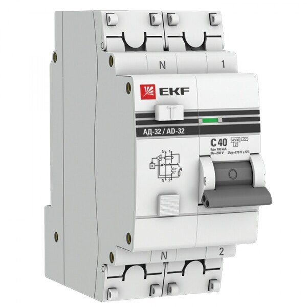 Выключатель автоматический дифференциального тока АД-32 1п+N 40А C 100мА тип AC PROxima (электронный) | DA32-40-100-pro | EKF