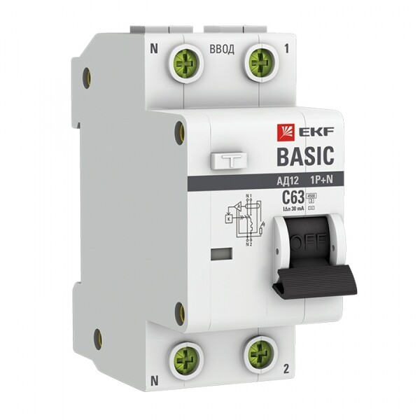 Выключатель автоматический дифференциального тока 1P+N 63А 30мА тип АС характеристика C электронный 4,5кА АД-12 EKF Basic | DA12-63-30-bas | EKF