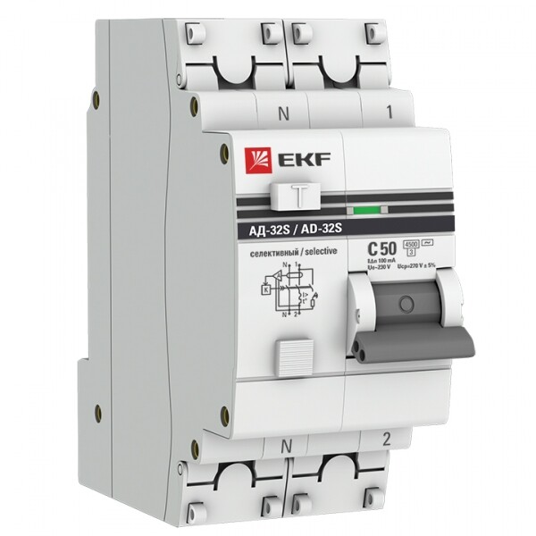 Выключатель автоматический дифференциального тока АД-32 (селективный) 1п+N 50A C 100мА тип AC PROxima | DA32-50-100S-pro | EKF