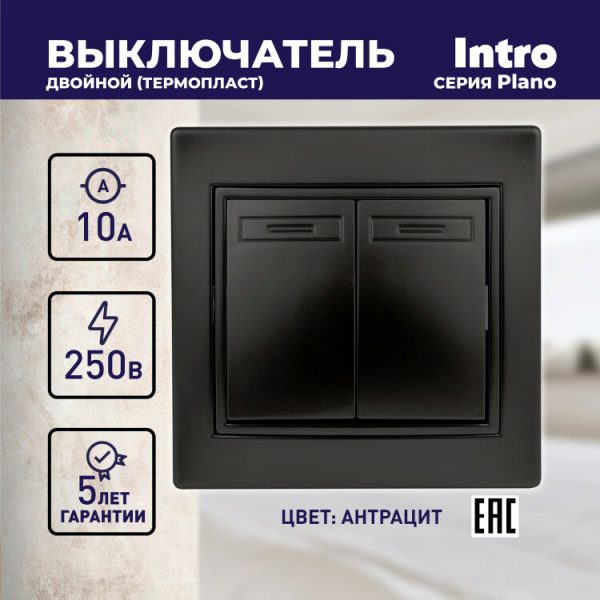 1-104-05 Intro Выключатель двойной, 10А-250В, IP20, СУ, Plano, антрацит | Б0044563 | Intro